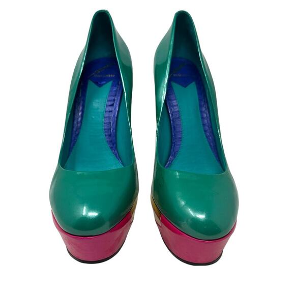 B Brian Atwood Leonida Turquoise Multi Platform Metal Gold Pump Heel Size US 10 - Picture 4 of 12